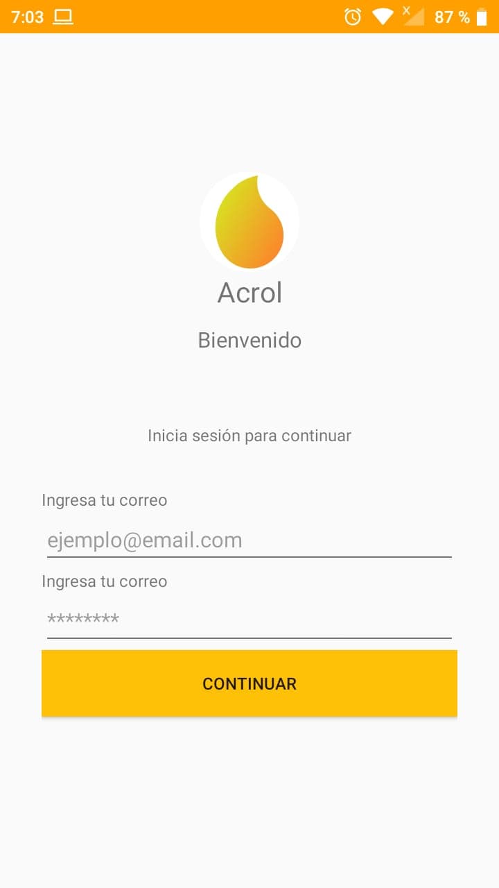Pantalla de la aplicación móvil Acrol App